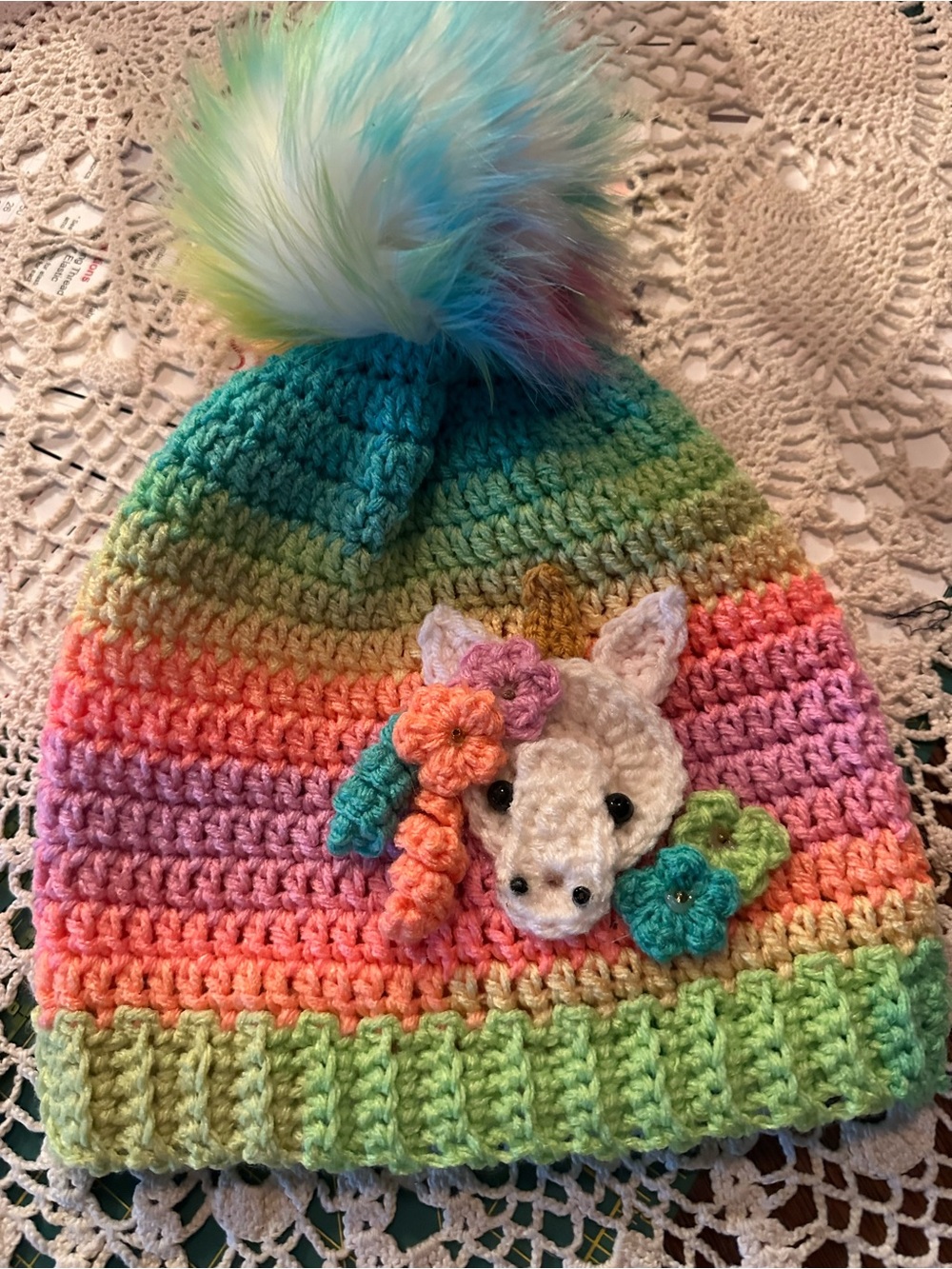 Handmade Rainbow Crochet Unicorn Beanie with Pom